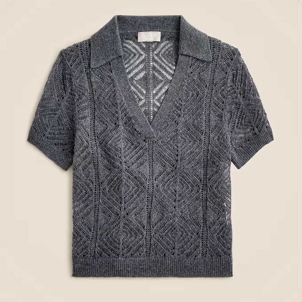 J. CREW 100% Cashmere Lace Pointelle Sweater Polo Gray Knit Women’s Size Large